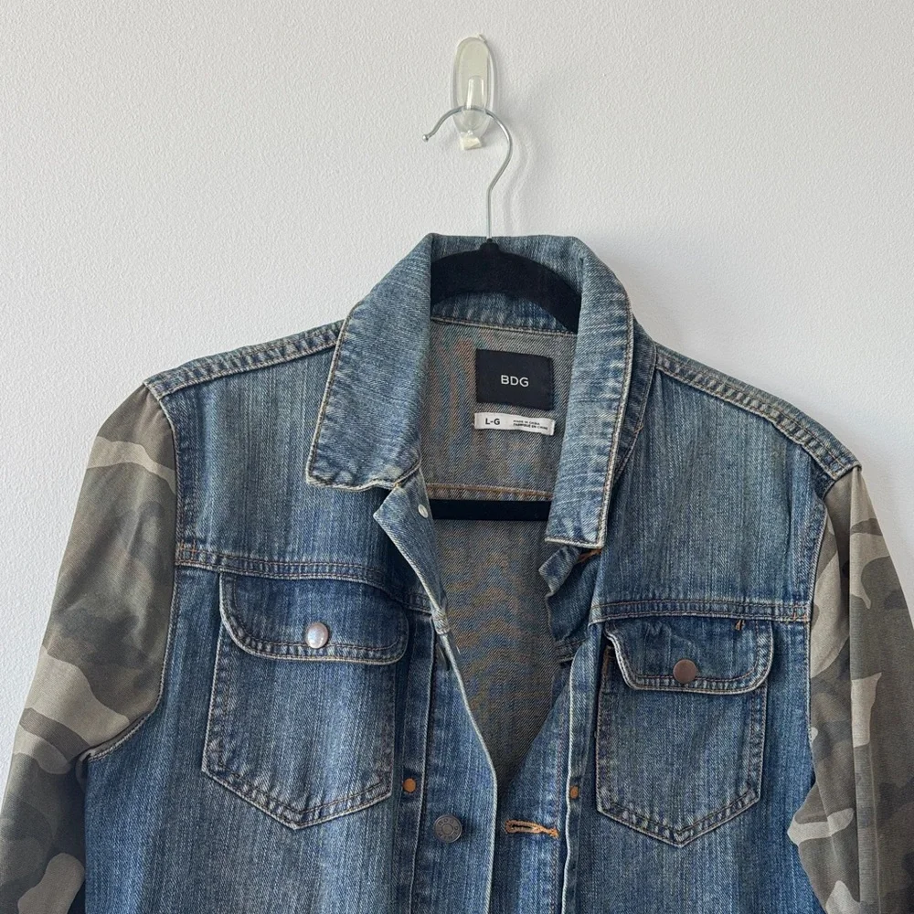 BDG Blue Denim Jacket with Camouflage Sleeves - Picture 2 of 3